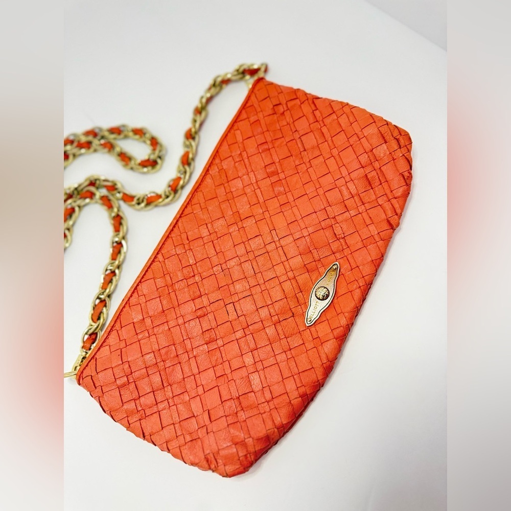 Elliott Lucca Woven Leather Chain Crossbody Bag Orange Gold - Picture 2 of 9